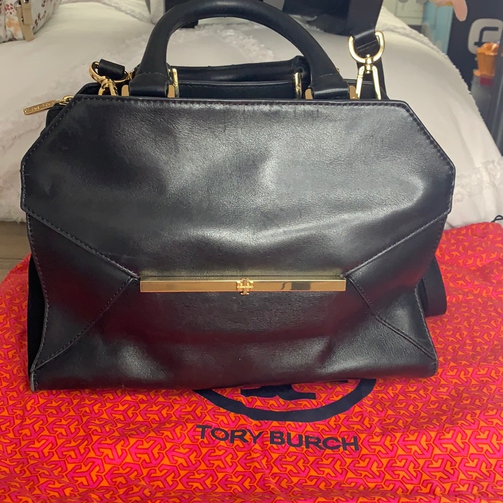 Tory Burch top handle envelope purse in black and gold